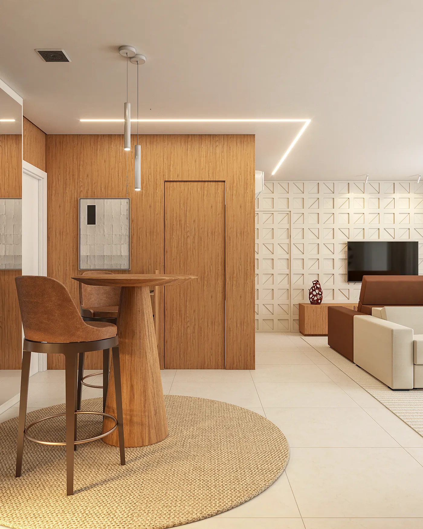 Sala integrada com painel de madeira, mesa alta com banquetas, revestimento 3D e sofá