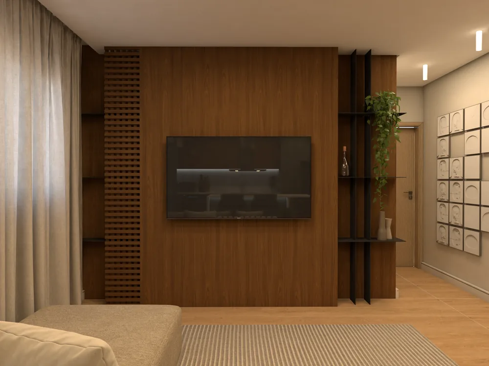 Sala de estar com painel de madeira, brise ripado, TV e prateleiras metálicas